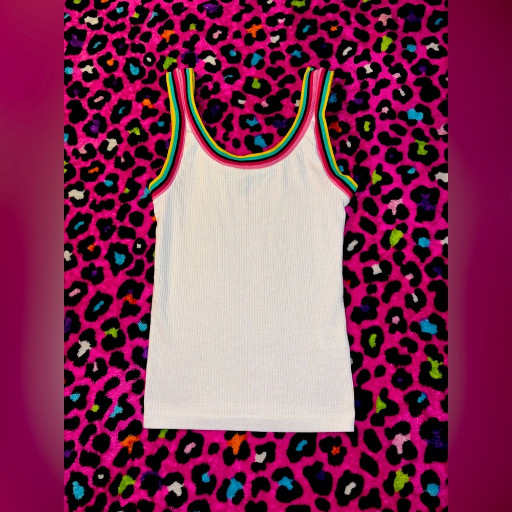 Small Derek Heart White Tank Top with Rainbow Trim